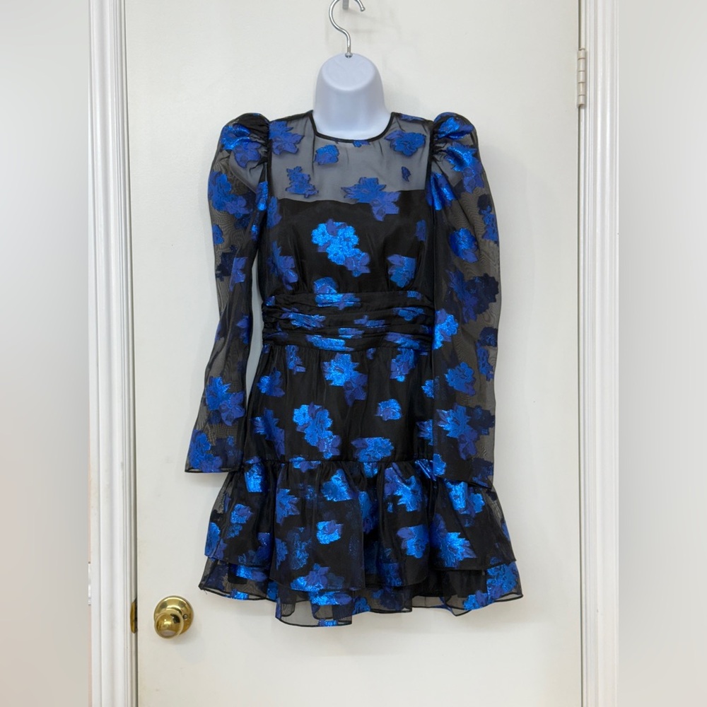 ZARA Women's Organza Floral Mini Dress, Blue/Black, Long Sleeves, Size S, NWT